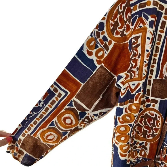 AC Sport Vintage Button Up Blouse Brown Blue Boho 70s Shoulder Pads Rayon Retro - Picture 7 of 7
